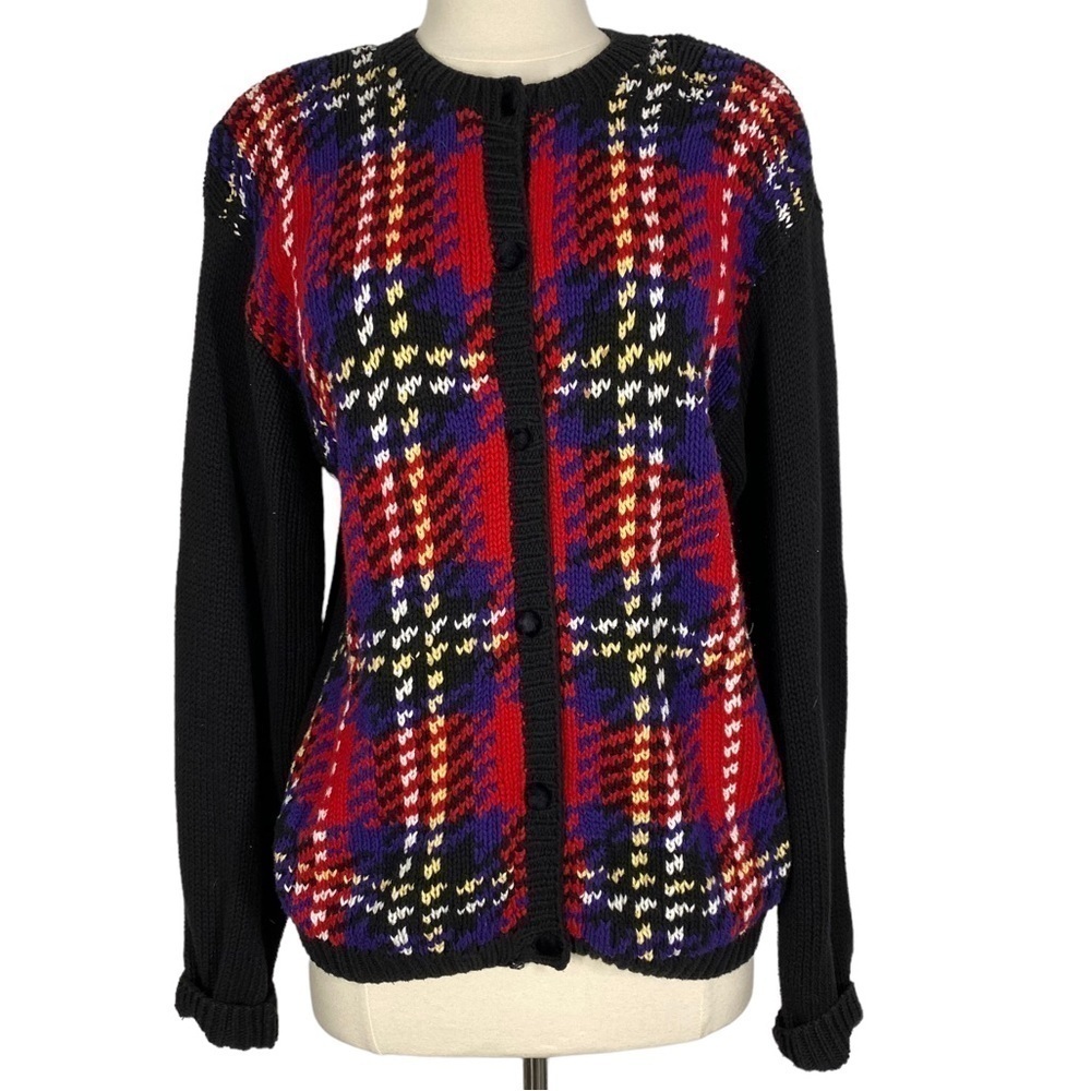 TALBOTS Hand Knit Plaid Cardigan Sweater Size Small